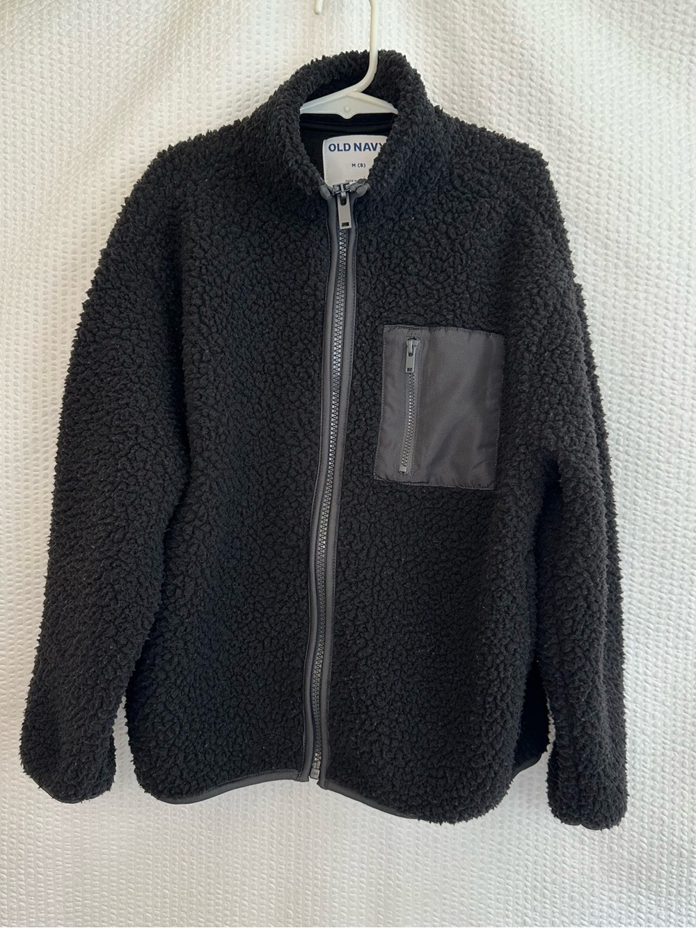 OLD NAVY Black Sherpa Fleece Full Zip Jacket Chest Pocket Size Medium 8 Boys